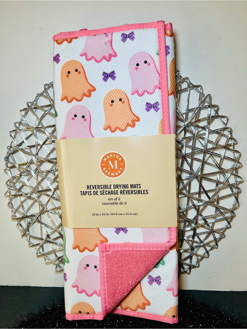 2 Halloween Ghosts Reversible Dish Drying Mats Pink Orange Purple Ribbon Bows